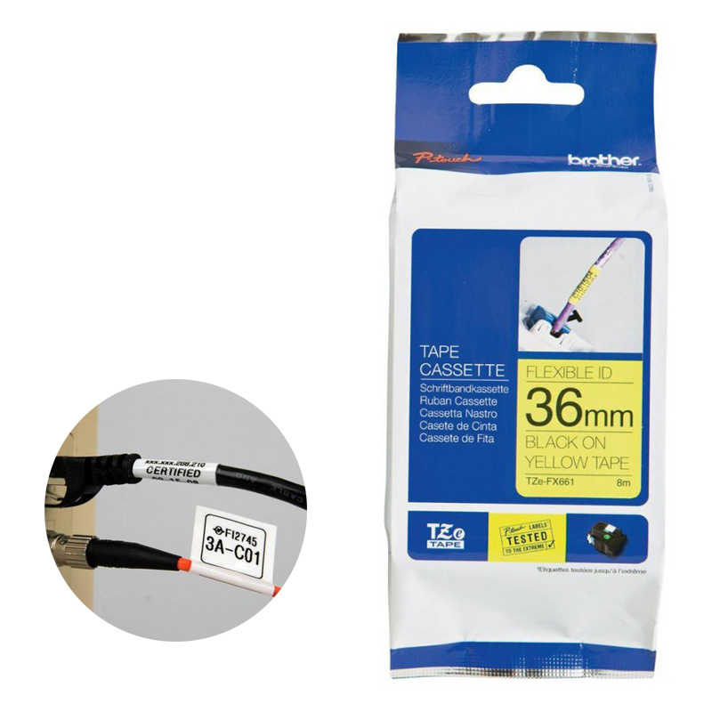Nhãn in siêu dẻo Brother TZe-FX661. Chữ đen nền vàng , Khổ 36mmx8M Nhãn in siêu dẻo Brother TZe-FX661. Chữ đen nền vàng , Khổ 36mmx8M