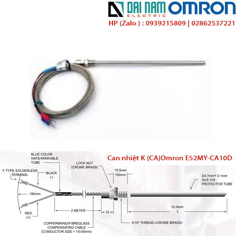 Can nhiệt loại K Omron E52MY-CA10D đo 0 to 400°C Phi 4,7mm dài 10mm SUS 316 loại dây