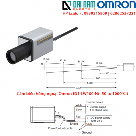 Cảm biến hồng ngoại Omron ES1-LW100-N đo -50 to 1000°C khoảng cách 1000mm đối với vật đo 35mm
